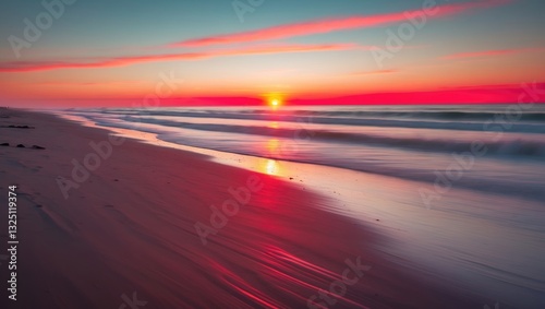 Seascape in abstract representation. Red sunset with motion blur. A serene view of an unoccupied sandy beach at sunset.