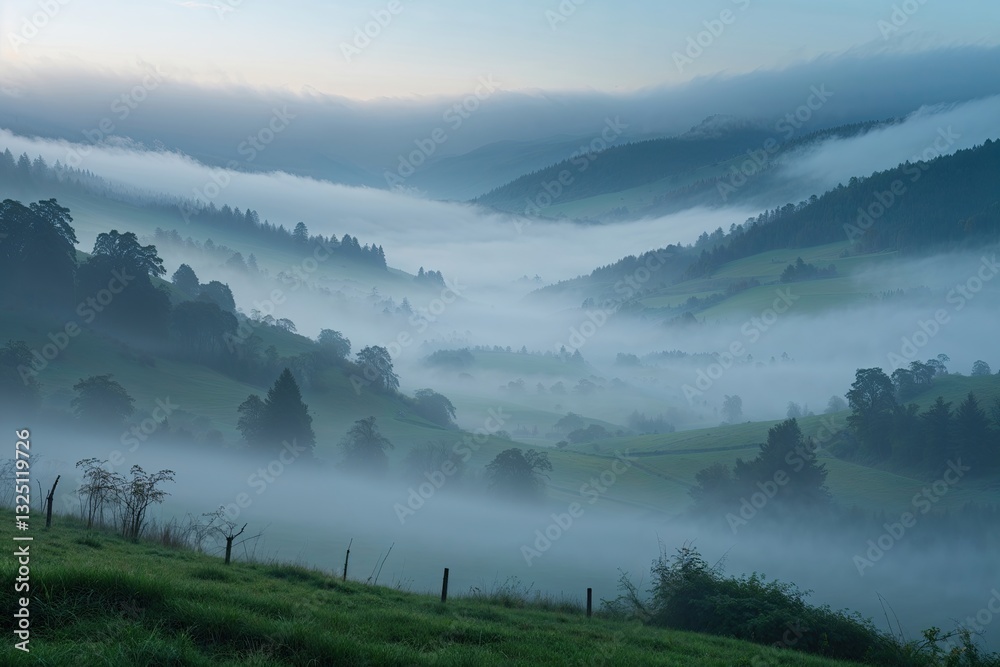 Obraz premium Misty Morning Fog Surrounding Tranquil Valley Landscape