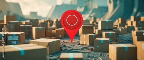 Red location pin pointer symbol alongside cardboard boxes. Enhancing efficiency, speed, and cost-effectiveness in goods delivery to consumers. Business adaptation to strategies, shift to online ope...