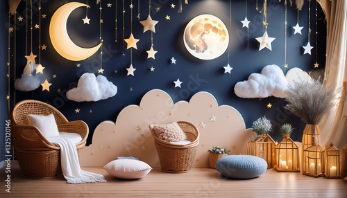 Children's location for a photo shoot. Moon with stars and clouds. Dreamy decor. Generated image photo