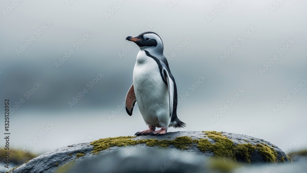Fototapeta premium Selective focus image of a penguin perched on a rock.