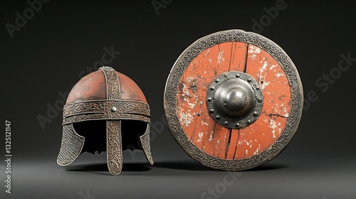 Ancient Viking Helmet and Shield: A 3D Render of Historical Armor