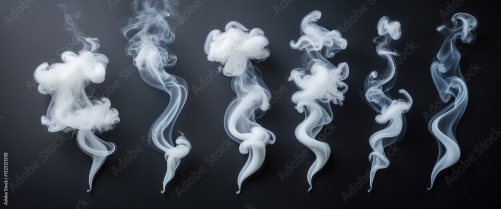 Set of abstract fog or white smoke that evaporates and twists, White smoke image transforms into vapor divided into six sections on a black background, fog effect, Smoke emerges from below against ...