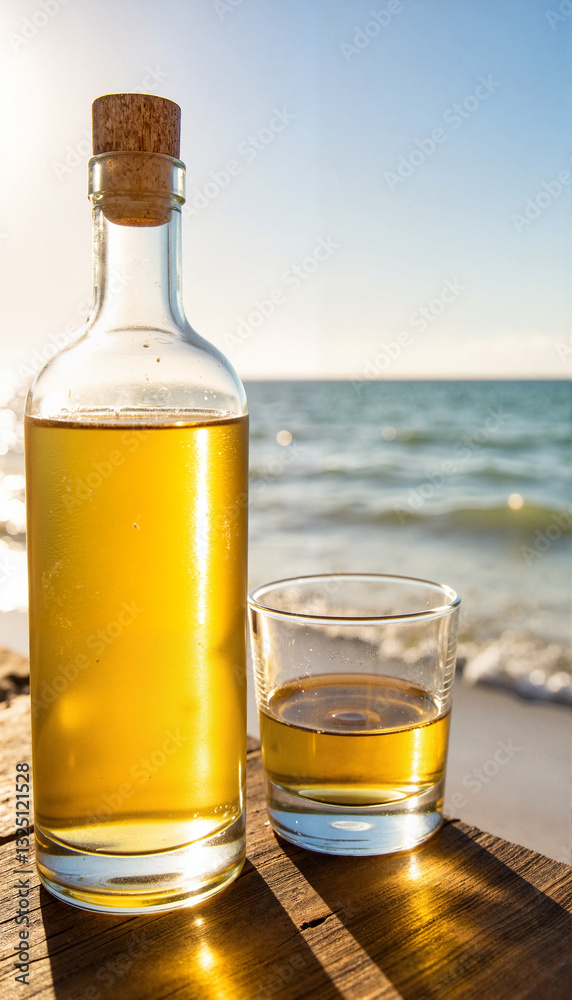 Tequila bottle with shot glass on beachside, summer relaxation Tequila bottle with shot glass on beachside, summer relaxation