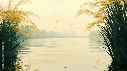 Serene Lakeside Dawn: Dragonflies Dance Over Calm Waters