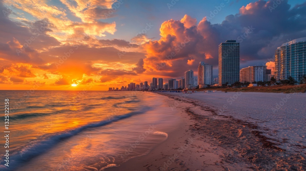 Obraz premium Vibrant Sunset Over Coastal City Beach
