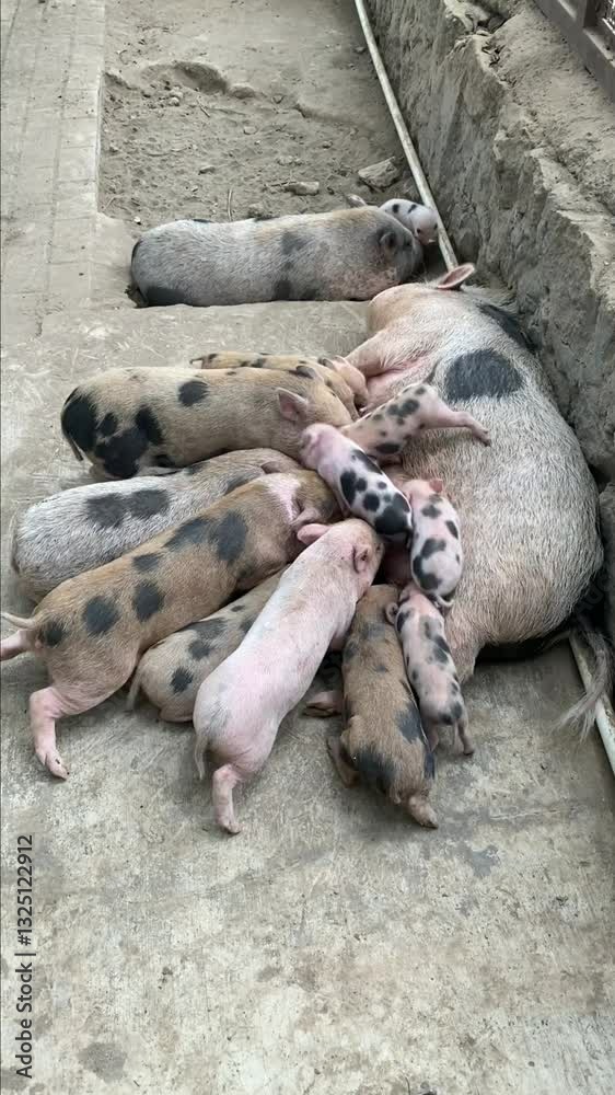 Close-up of a sow feeding her piglets at the edge of the pen. Close-up of a sow feeding her piglets at the edge of the pen.
