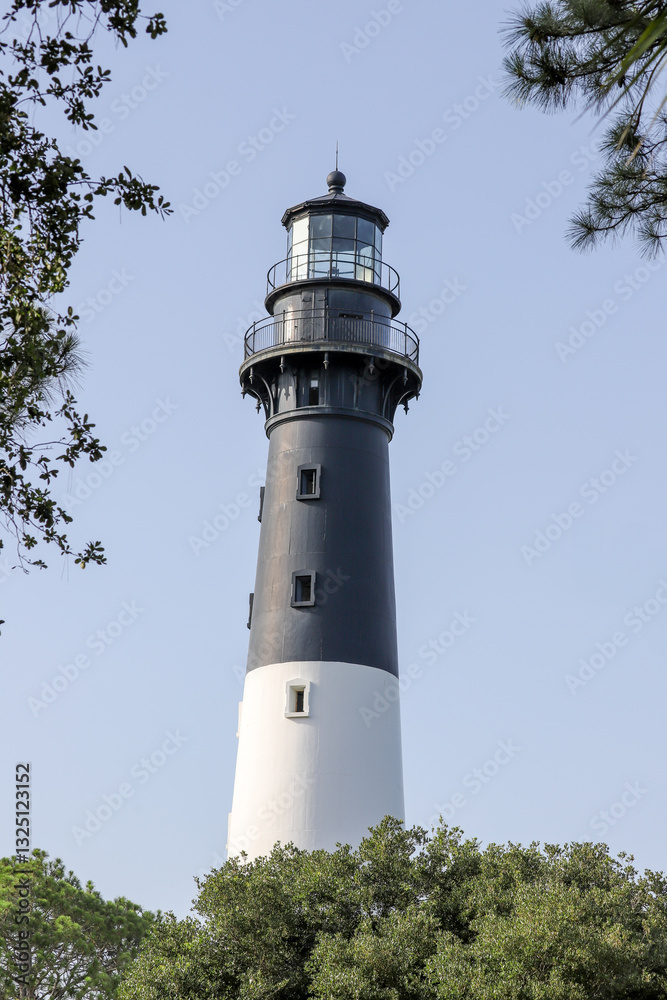 Classic lighthouse standing tall among the treetops against a clear sky Classic lighthouse standing tall among the treetops against a clear sky
