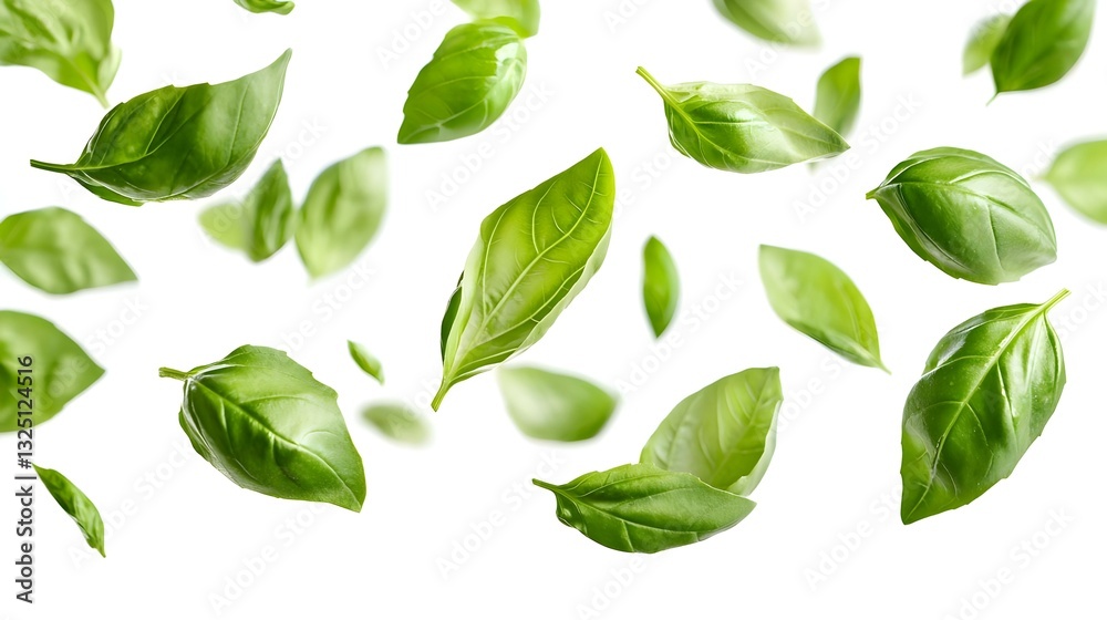 Fresh green basil leaves falling on white Fresh green basil leaves falling on white