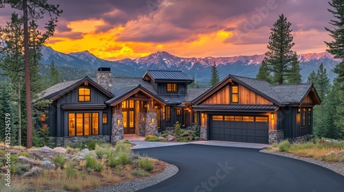 A luxurious home in Lake Tahoe, with a rustic blend of charcoal wood and light stone accents, sits elegantly among tall pine trees