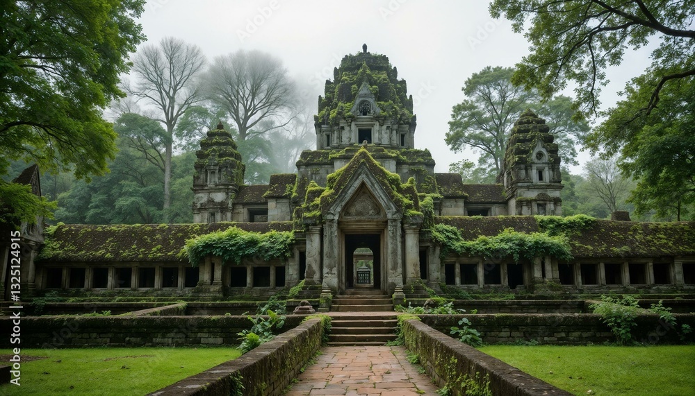 Obraz premium Ancient temple ruins surrounded by lush greenery and mist