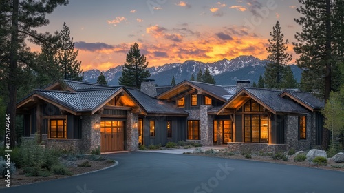A luxurious home in Lake Tahoe, with a rustic blend of charcoal wood and light stone accents, sits elegantly among tall pine trees