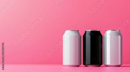 Four aluminum beverage cans, white and black, against pink background, creating minimalist and modern composition. Mockup for soda, beer, energy drinks. Ideal for bold, modern drinks branding.