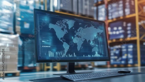 Wallpaper Mural Futuristic software managing global logistics and distribution showing a world map with data and statistics on a computer screen placed in a large warehouse Torontodigital.ca