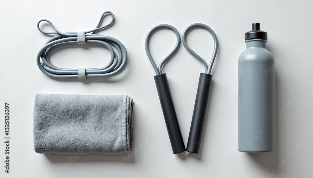 Fitness accessories including jump rope, towel, and water bottle Fitness accessories including jump rope, towel, and water bottle