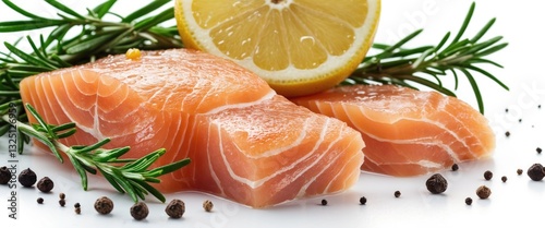 Cube of raw salmon piece with rosemary, lemon, and peppercorn isolated on a white background close up.