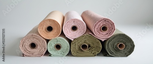 Pastel color fabric rolls placed separately on a white background.