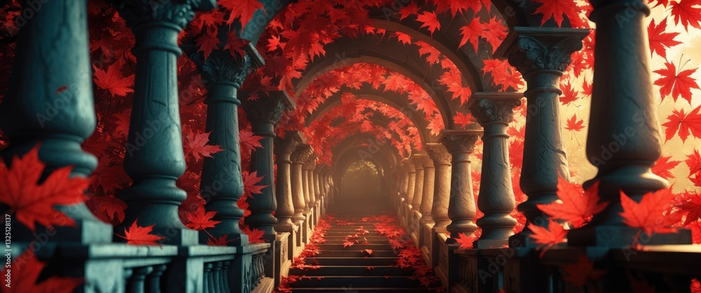 Fototapeta premium Red maple leaves adorn the pillars along the staircase.