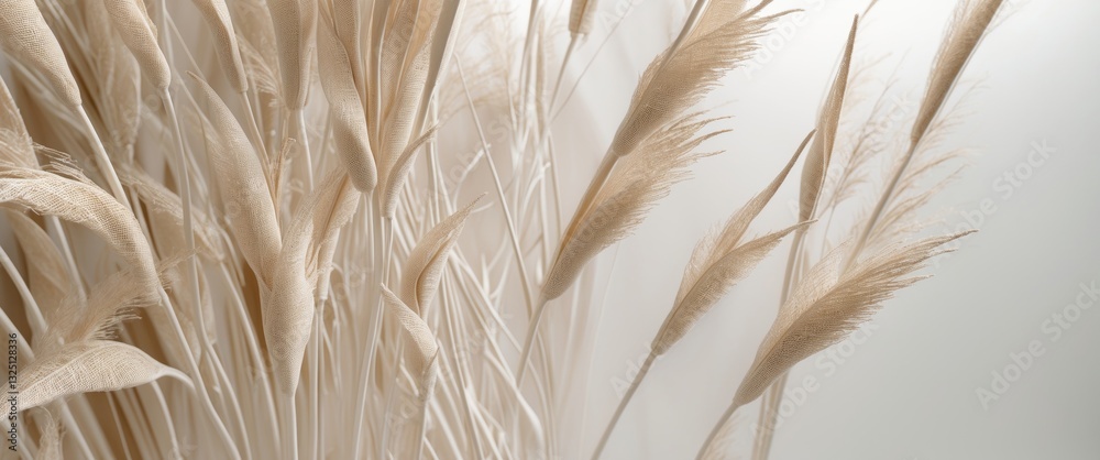 Fototapeta premium Reeds pattern in neutral beige hue against a white backdrop. Minimal trend. Poster.