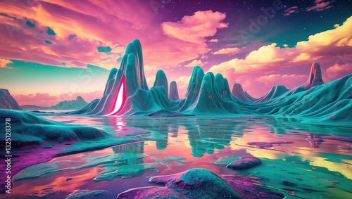 Fototapeta Naklejka Na Ścianę i Meble -  Futuristic landscape background in retro style