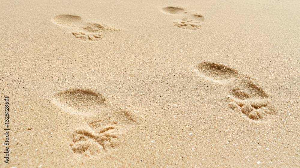 Serene Beach Scene: Barefoot Footprints Imprinted on Smooth, Tan Sand Creating a Tranquil Seaside Memory Serene Beach Scene: Barefoot Footprints Imprinted on Smooth, Tan Sand Creating a Tranquil Seaside Memory