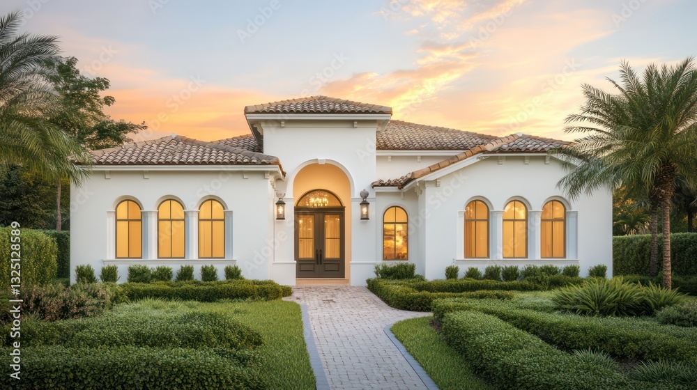 Obraz premium A Mediterranean-style home with smooth white stucco walls and a warm clay tile roof