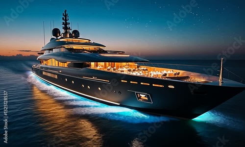 Luxurious yacht sailing through calm waters at sunset, with illuminated decks and a serene backdrop