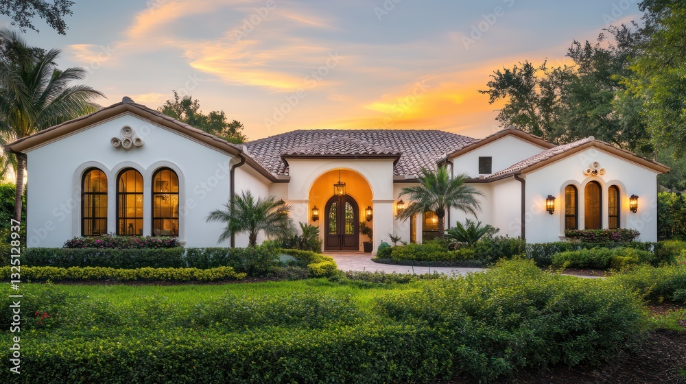 Naklejka premium A Mediterranean-style home with smooth white stucco walls and a warm clay tile roof