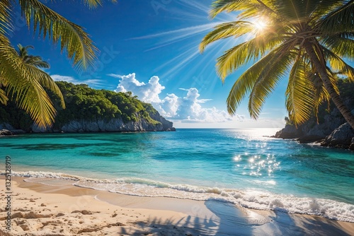 Tropical Summer Beach Scene with Sun Rays Clear Water Blue Skies and Palm Leaves for Vacation Ideas