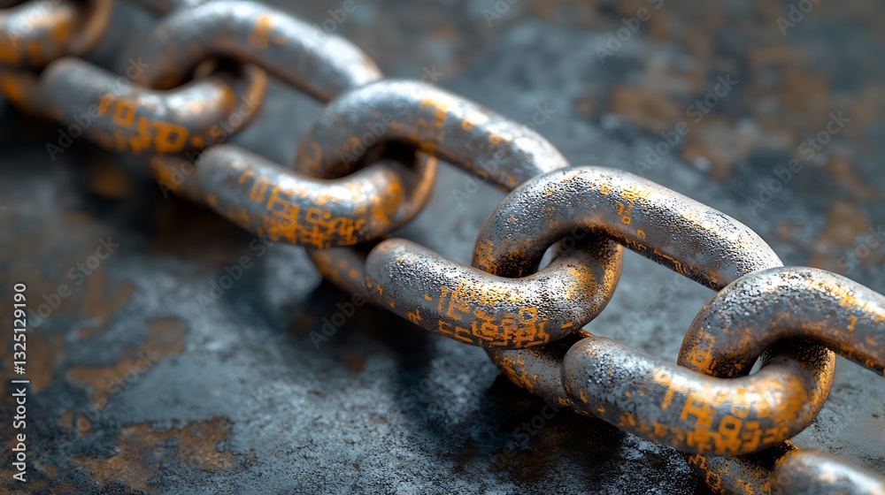 Digital Blockchain Chain with Glowing Data Patterns, Close-up of a digital blockchain chain with glowing data patterns on a dark, rocky background Digital Blockchain Chain with Glowing Data Patterns, Close-up of a digital blockchain chain with glowing data patterns on a dark, rocky background
