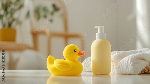 Playful baby bath mockup with yellow rubber duck and soap bottle in soft light setting