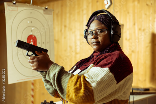 Fotografie Portrait of shooting range client trying out new handgun model before purchasing
