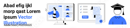 Student attends virtual class on screen, pays fees via digital platform, and graduates. Ideal for education, e-learning, finance, virtual connectivity, technological progress, academic success
