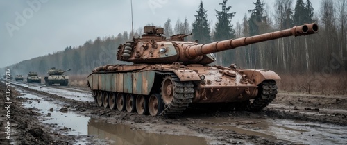 Russian battle tank that was wrecked on the roadside of a highway during combat activities. photo