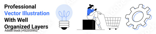 Woman sitting on a box using a smartphone by a shopping cart, next to a glowing lightbulb and gear. Ideal for e-commerce, technology, creativity, innovation, online shopping, business tools, flat