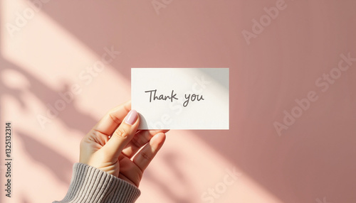 Thank you card held by person against pink background