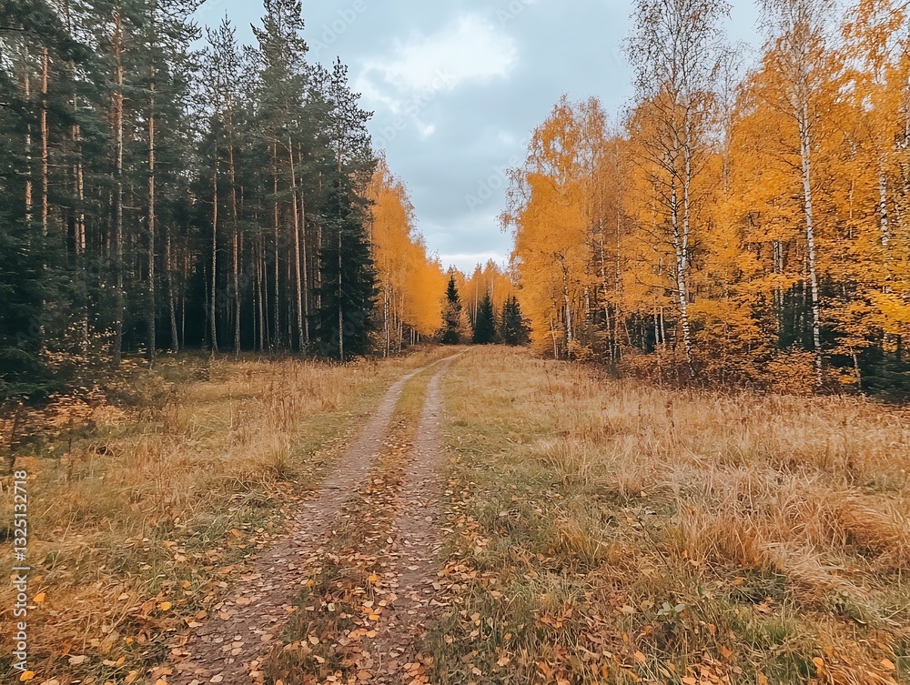 Fototapeta premium Forest path during autumn with orange trees and sky