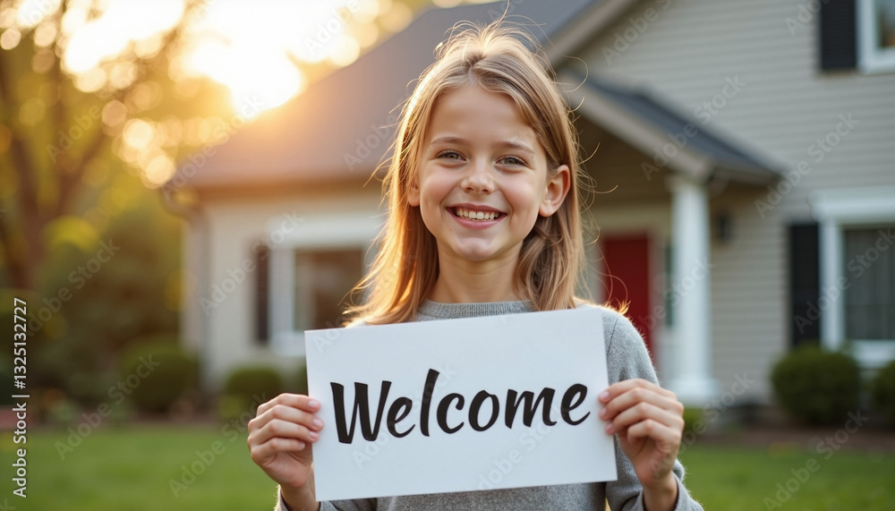 Smiling girl holding welcome sign in front of house Smiling girl holding welcome sign in front of house