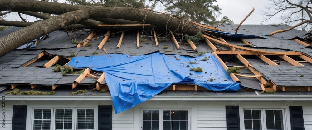 Residential house damaged by fallen trees and limbs during a severe winter storm with strong winds. A tarp is applied to the damaged rooftop as a temporary solution before proper roof repairs.
