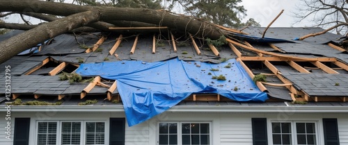 Obraz na płótnie Residential house damaged by fallen trees and limbs during a severe winter storm with strong winds. A tarp is applied to the damaged rooftop as a temporary solution before proper roof repairs. w salonie