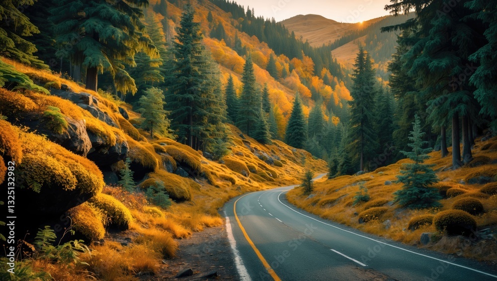 Φωτογραφία A winding road through a stunning evergreen forest in the hills, featuring large moss, plants, and pine and spruce trees, illuminated by soft golden light, creating an idyllic landscape of fall