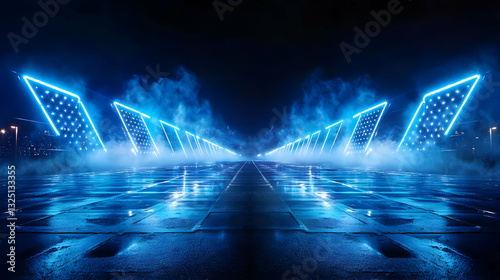 Dark Empty Street With Blue Neon Lights And Fog At Night Symmetrical Wet Ground Reflecting Illumination Modern Urban Scene Dramatic Background