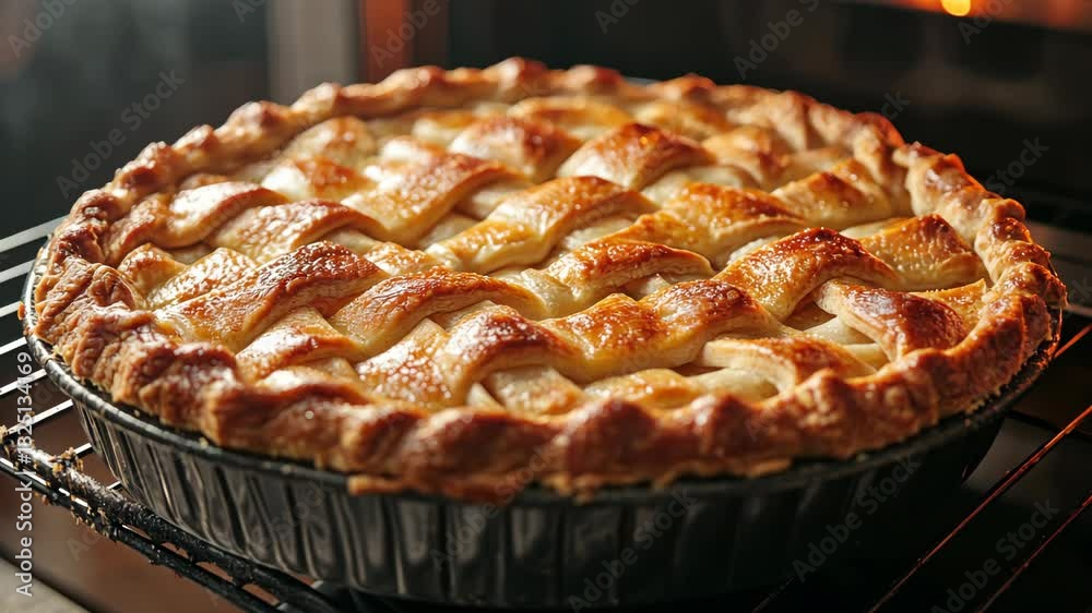 Golden apple pie baking in oven: crust browning and bubbles in timelapse sequence