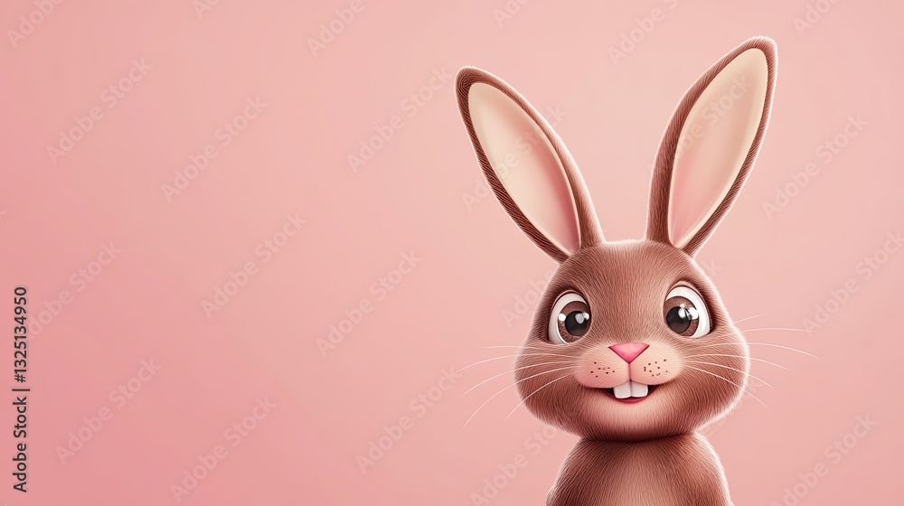 Obraz premium Cute cartoon rabbit with big eyes and a cheerful expression on a pink background.
