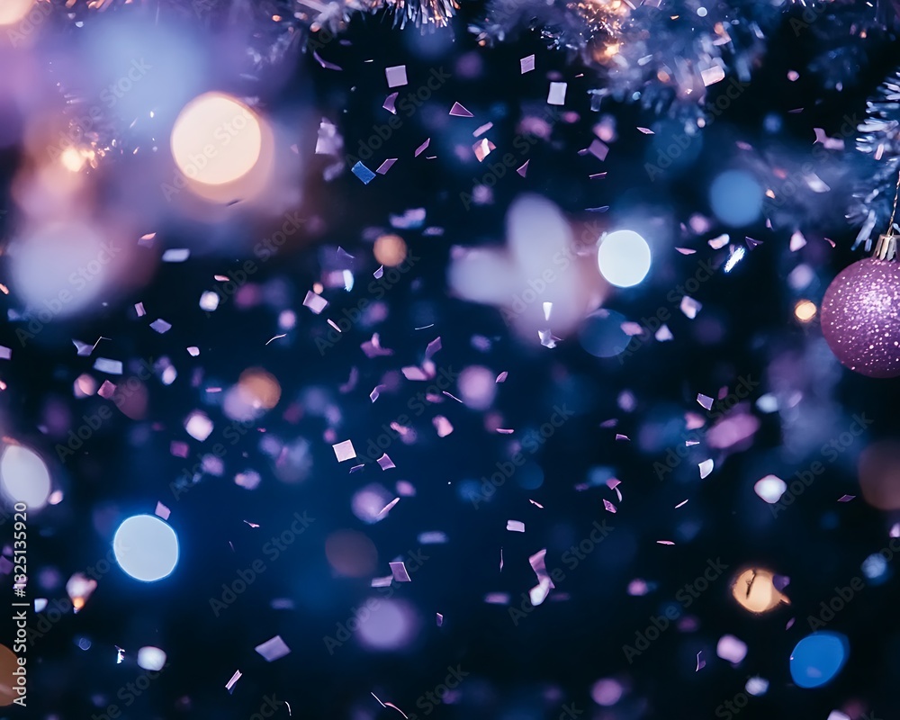Confetti falling against Christmas tree lights Confetti falling against Christmas tree lights