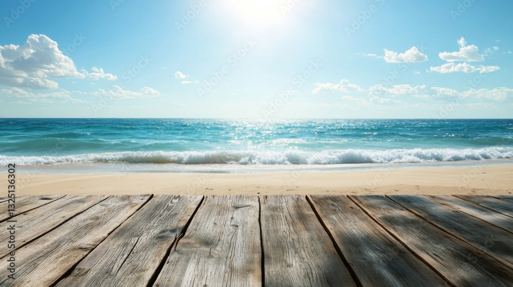 Fototapeta premium Sunny Beach Landscape with Wooden Deck