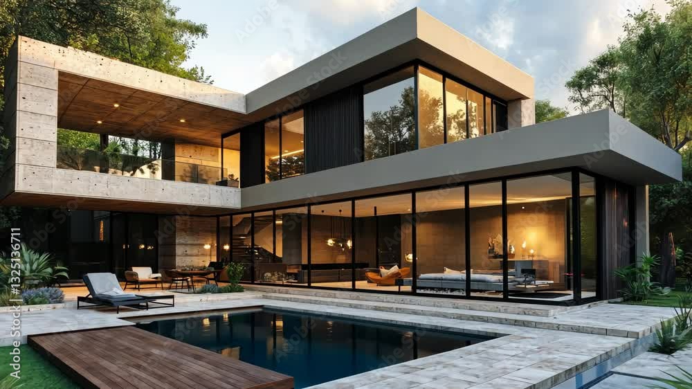Modern luxury home with pool surrounded by lush greenery and evening sunlight Modern luxury home with pool surrounded by lush greenery and evening sunlight
