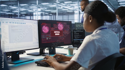 Admin in server hub trying to protect gear from hacker attack stealing sensitive information. Data center employee struggling to erase virus after seeing security breach alert on monitor, camera A