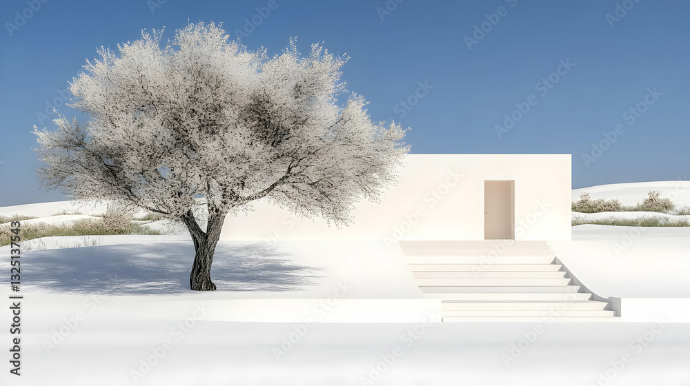 Fototapeta premium Minimalist White House 3D Illustration: Tranquil Winter Scene