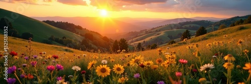 Golden hour illuminates rolling hills, vibrant wildflowers , environment, world
